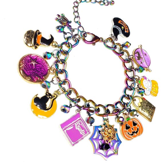 Halloween Charm Bracelet, Pumpkins, Ghost, Spider Webs, Cat, Spell Book - Picture 6 of 10
